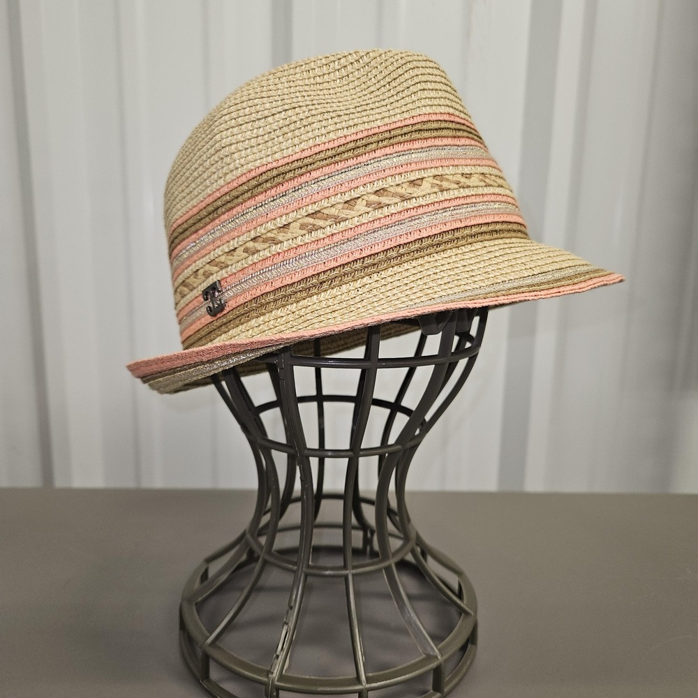 Callanan Resort Hat Fedora Womens One Size Tan Pink Striped Braided Summer Beach - Picture 6 of 9